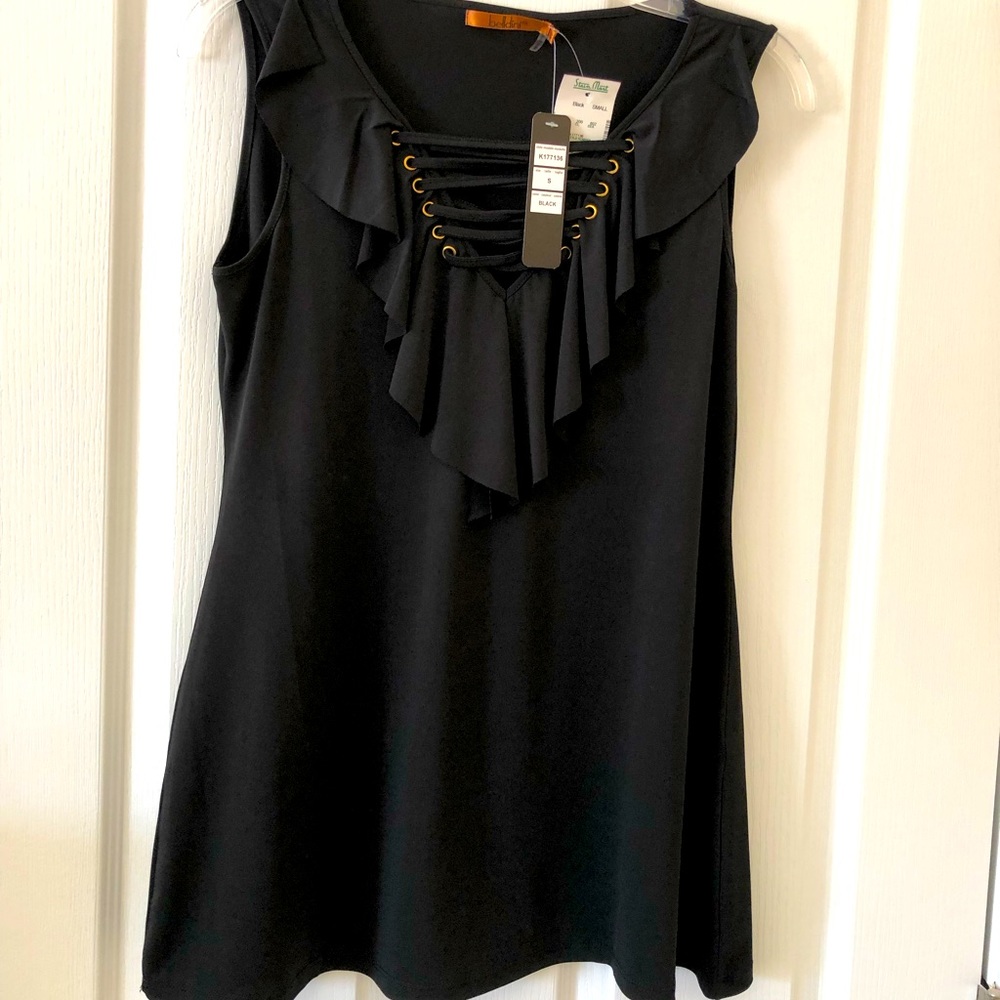 Belldini Embellished Ruffled Front Black Sleeveless Tank Size Small